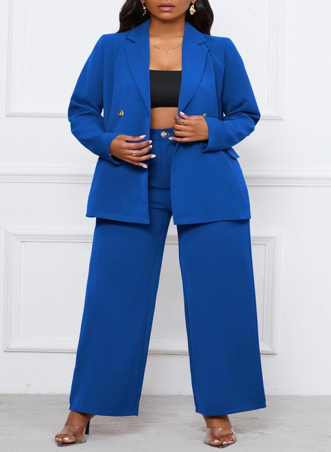 HBQ Women's Two Piece Outfits Casual Blazer Jacket Wide Leg Work Pants Business Suit Sets with Pocket-Blue-M - Image 2